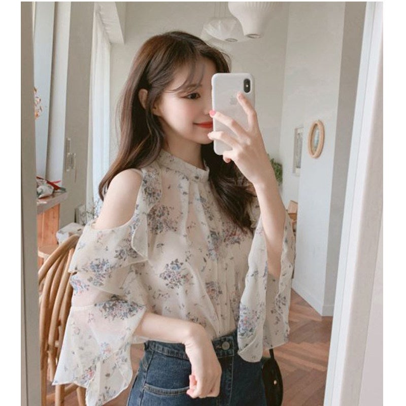 French Style Temperament Design Sense Shoulder Floral Shirt 2023 Spring And Arrival Watch Machine Loose Slimming Chiffon Shirt - Image 1